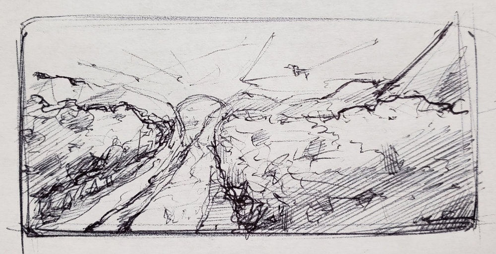 Sketch of a mountain sunset scene.